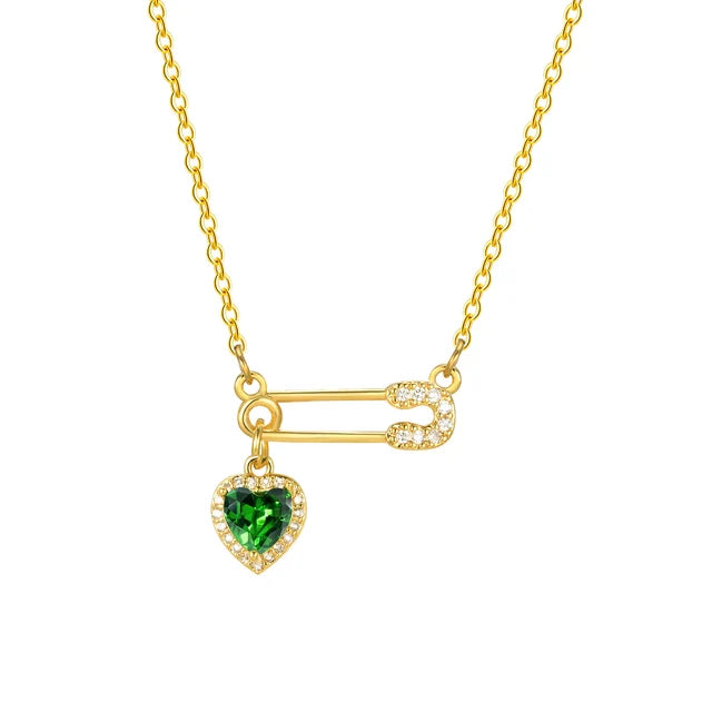 Gold Plated CZ Safety Pin Love Heart Pendant Necklace