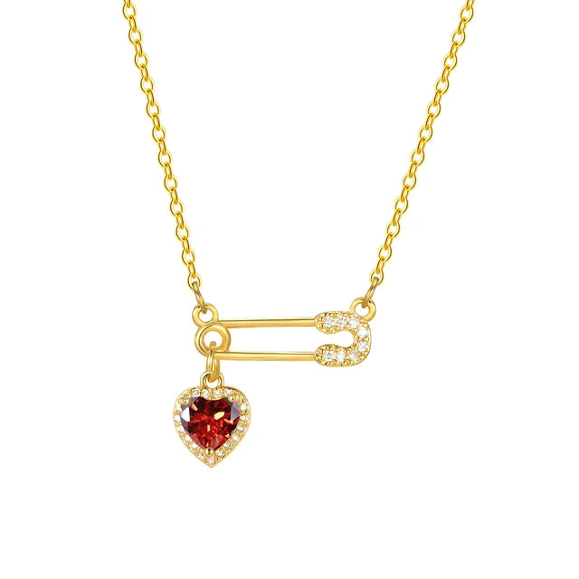 Gold Plated CZ Safety Pin Love Heart Pendant Necklace