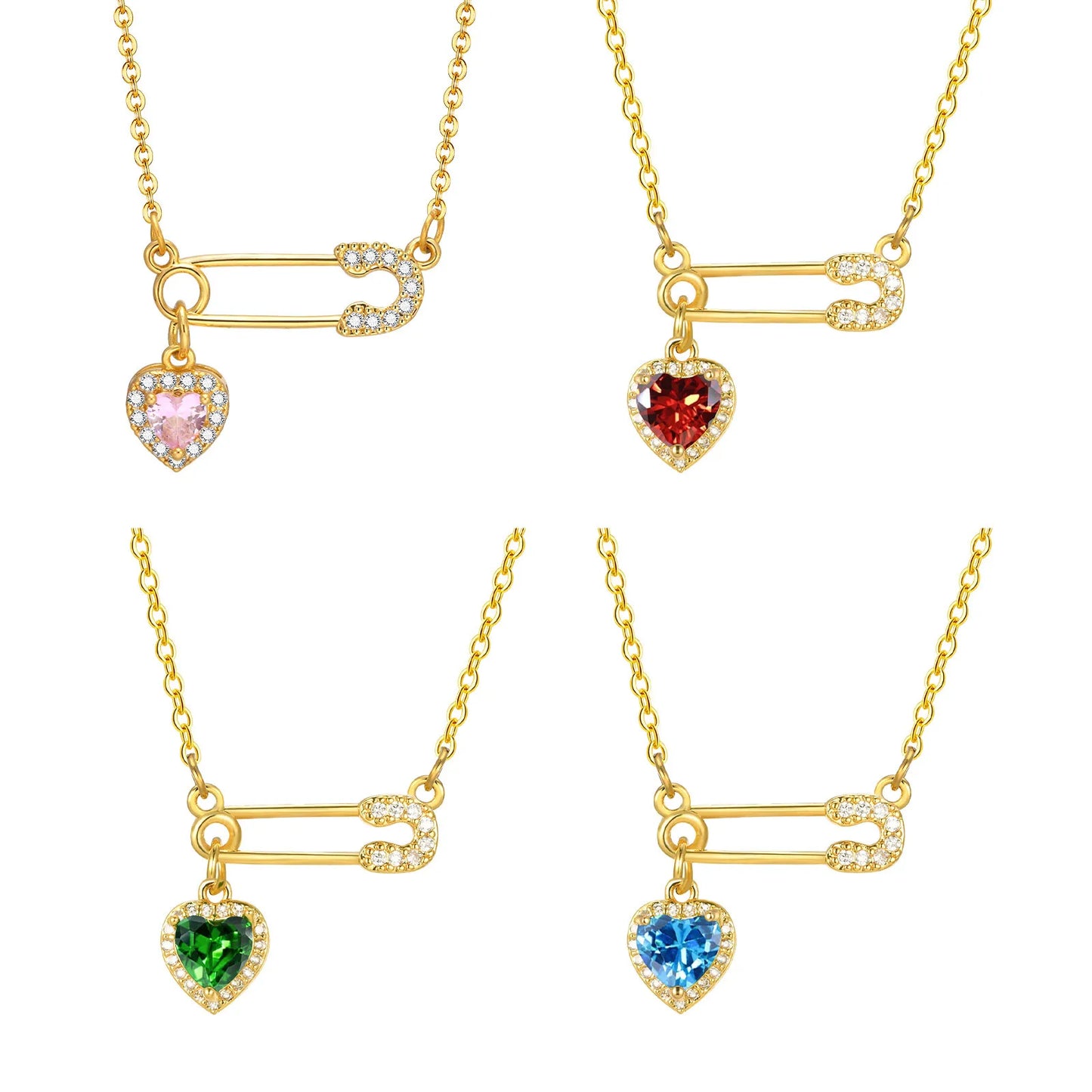 Gold Plated CZ Safety Pin Love Heart Pendant Necklace