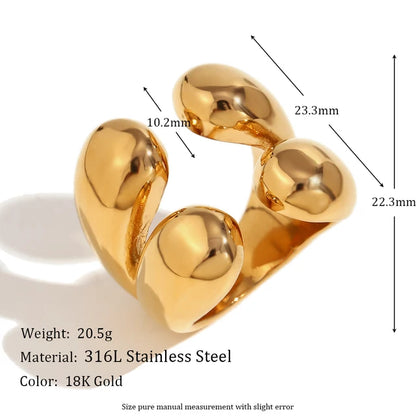 Four Water Drop Head Open Ring Hypoallergenic 18K Gold Plated 316L Stainless Steel Rings