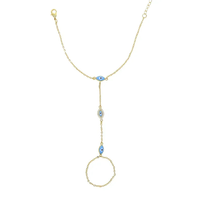 Gold Plated Enamel Evil Eye Charm Hand Chain Bracelet