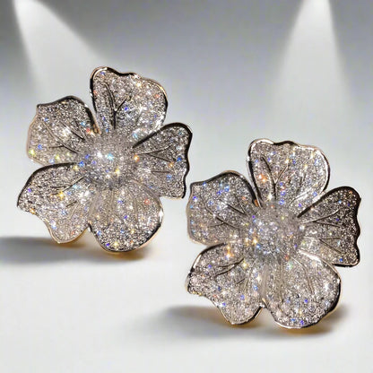 Aesthetic Big Flower Design Full Bling Iced Out CZ Sparkling Earrings