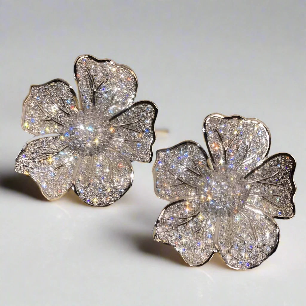 Aesthetic Big Flower Design Full Bling Iced Out CZ Sparkling Earrings