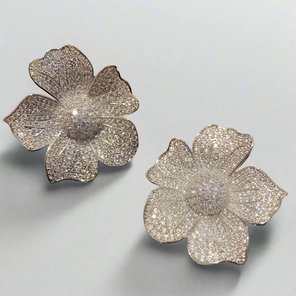 Aesthetic Big Flower Design Full Bling Iced Out CZ Sparkling Earrings