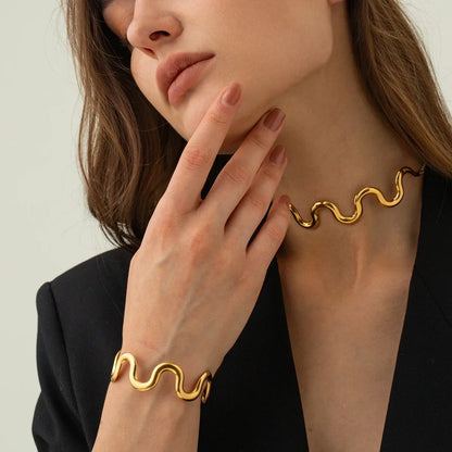 Wave  PVD Gold Plated  Stainless Steel Choker Bracelet Set