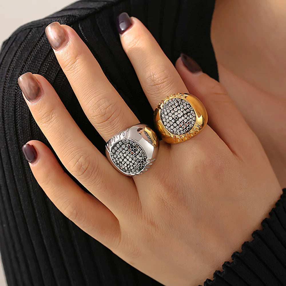 Luxury Shiny Rhinestones Beautiful Gold Plated Waterproof Stainless Steel Ring