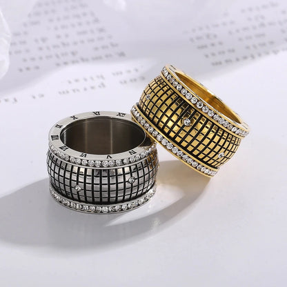 Roman Numerals Lattice Rinestone 18K Gold Plated Chunky Rings