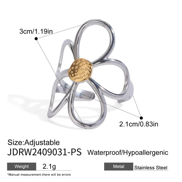 Stylish Luxury Open Ring 18K Gold Plated Stainless Steel Hollow Flower Retro Creative Light