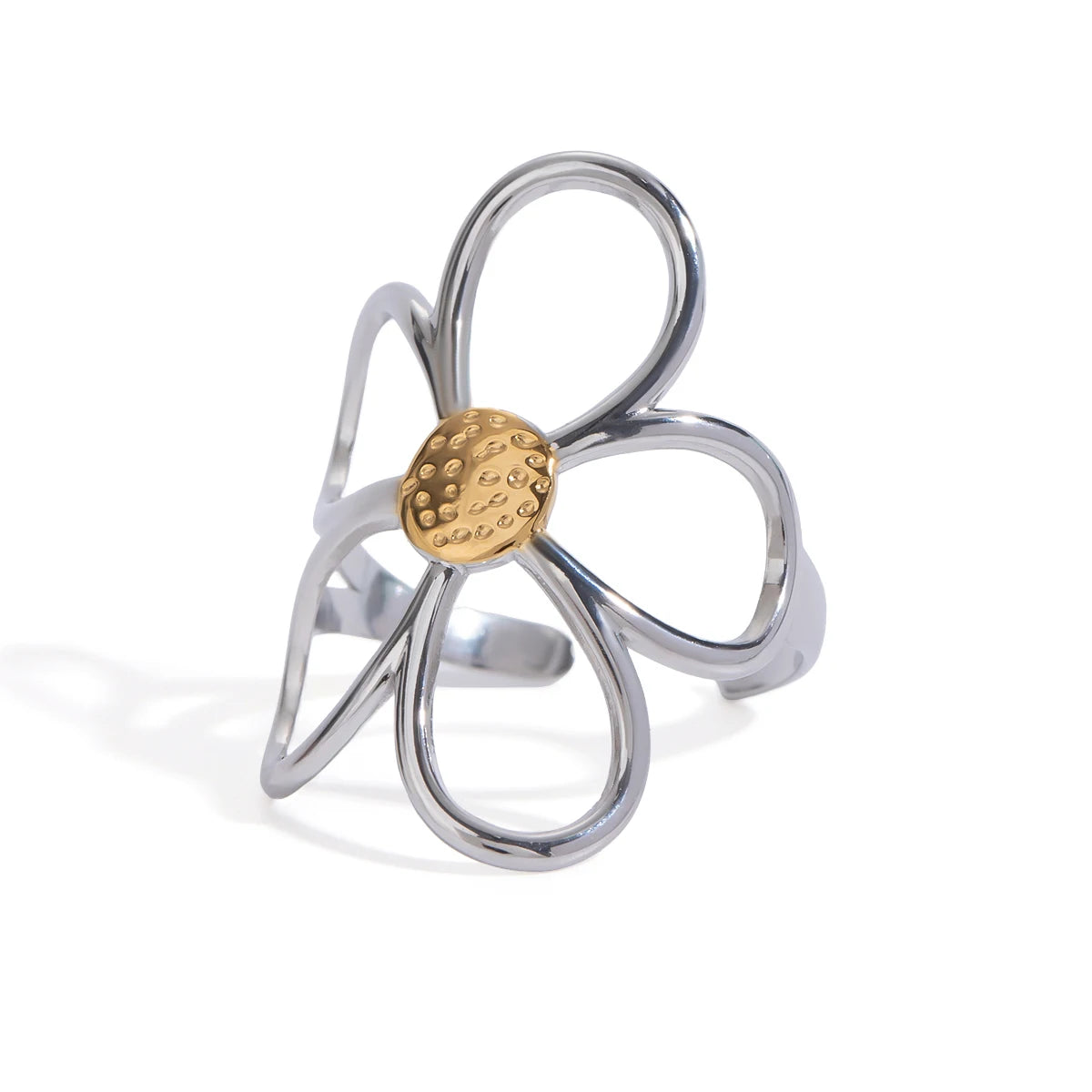 Stylish Luxury Open Ring 18K Gold Plated Stainless Steel Hollow Flower Retro Creative Light