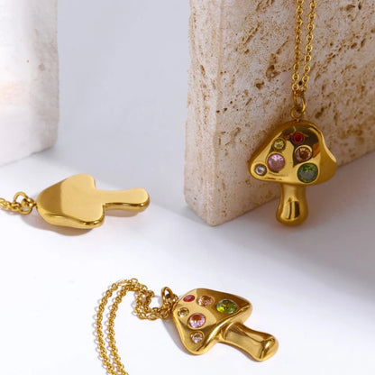 Titanium Steel Gold Mushroom Necklace Lucky Symbol 18K Gold Plated Embedded with Zirconium Pendant