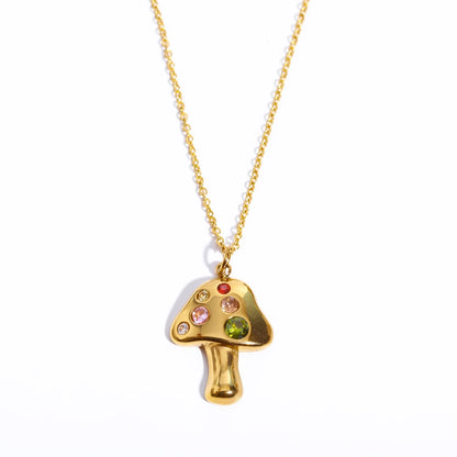 Titanium Steel Gold Mushroom Necklace Lucky Symbol 18K Gold Plated Embedded with Zirconium Pendant