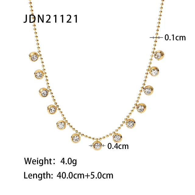 New 18K Gold Plated Clear Zircon Charms Stainless Steel Bead Chain Round Zircons Necklace Bracelet