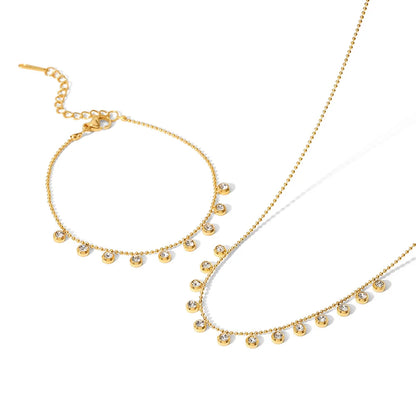 New 18K Gold Plated Clear Zircon Charms Stainless Steel Bead Chain Round Zircons Necklace Bracelet