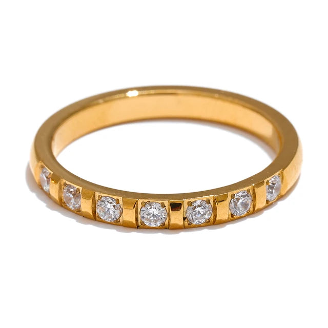 Summer Popular Shiny Cubic Zirconia Round Thin Ring Minimalist Stainless Steel 18K Gold Plated