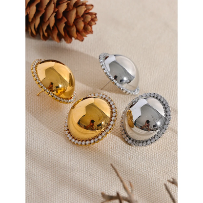 Round Big Stud Earrings 30mm Smooth Stainless Steel Bling Cubic Zirconia Gold Plated