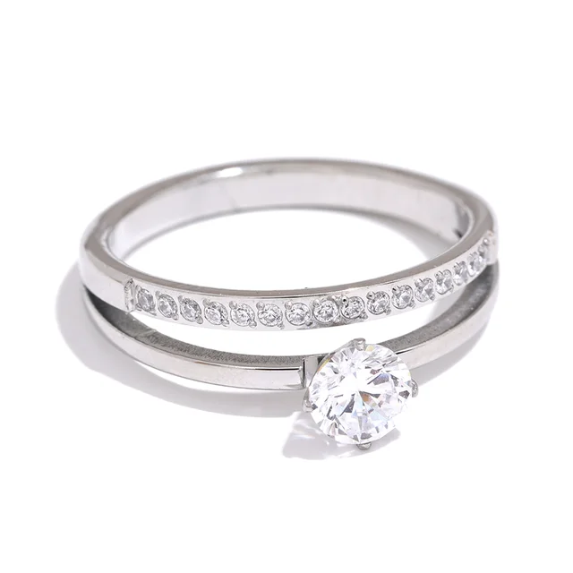 Delicate Shiny Cubic Zirconia Stainless Steel Double Layer Classic Ring