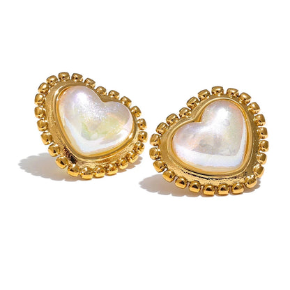 Exquisite Imitation Pearl Heart Love Daily Stainless Steel 18K Gold Plated Stud Earrings