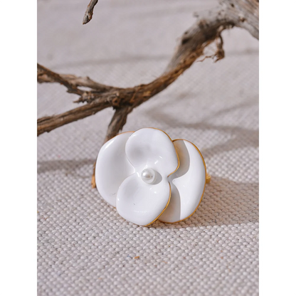 Exquisite White Enamel Flower Fashion Chic Adjustable Stainless Steel 18K Gold Plated Ring