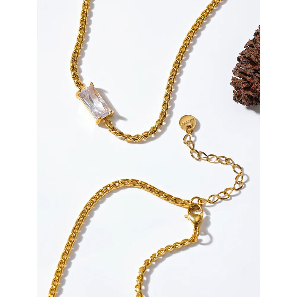 Exquisite White Green Cubic Zirconia Chain Stainless Steel Collar Necklace 18K Gold Color Plated