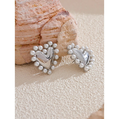 Heart Imitation Pearls Stainless Steel Fashion Lover Stud Earrings