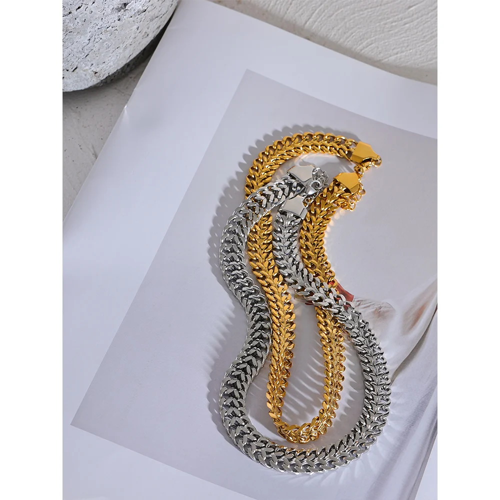 Grade Detailed Polished Stainless Steel Wide Chain Cuban Necklace Bracelete Waterproof Metal 18K Gold Plated