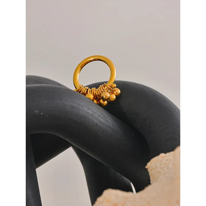 Texture Stainless Steel Metal Layered Round Beads Ring 18K Gold Plated