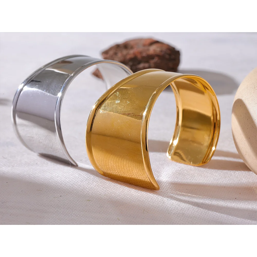 Wide Cuff Open Bracelet Stainless Steel 18K Gold Plated Metal