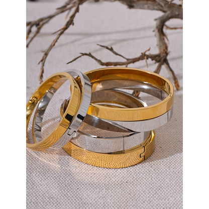 Texture Gold Silver Color Waterproof Stainless Steel Round Wide Bracelet Bangle