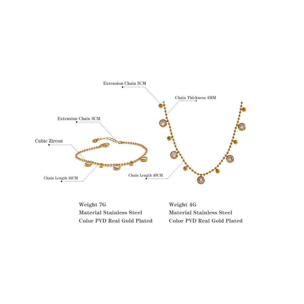 Luxury Shiny Cubic Zirconia Chain Stainless Steel 18K Gold Plated Aesthetic Necklace Bracelet