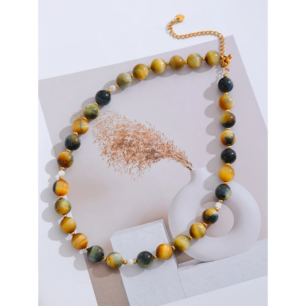 Natural Stone Tiger Round Beads Chain Collar Necklace Stainless Steel Handmade Necklace