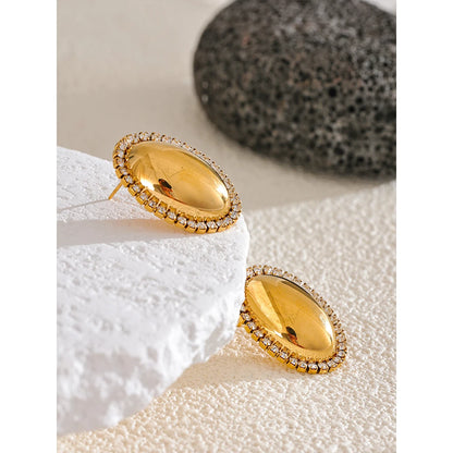 Oval Stud Earrings 316L Stainless Steel 18K Gold Plated Shiny Cubic Zirconia Smooth Metal