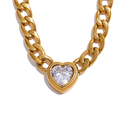 Stainless Steel Golden Chain Link Heart Bling Zirconia Pendant Necklace 18K Gold Plated