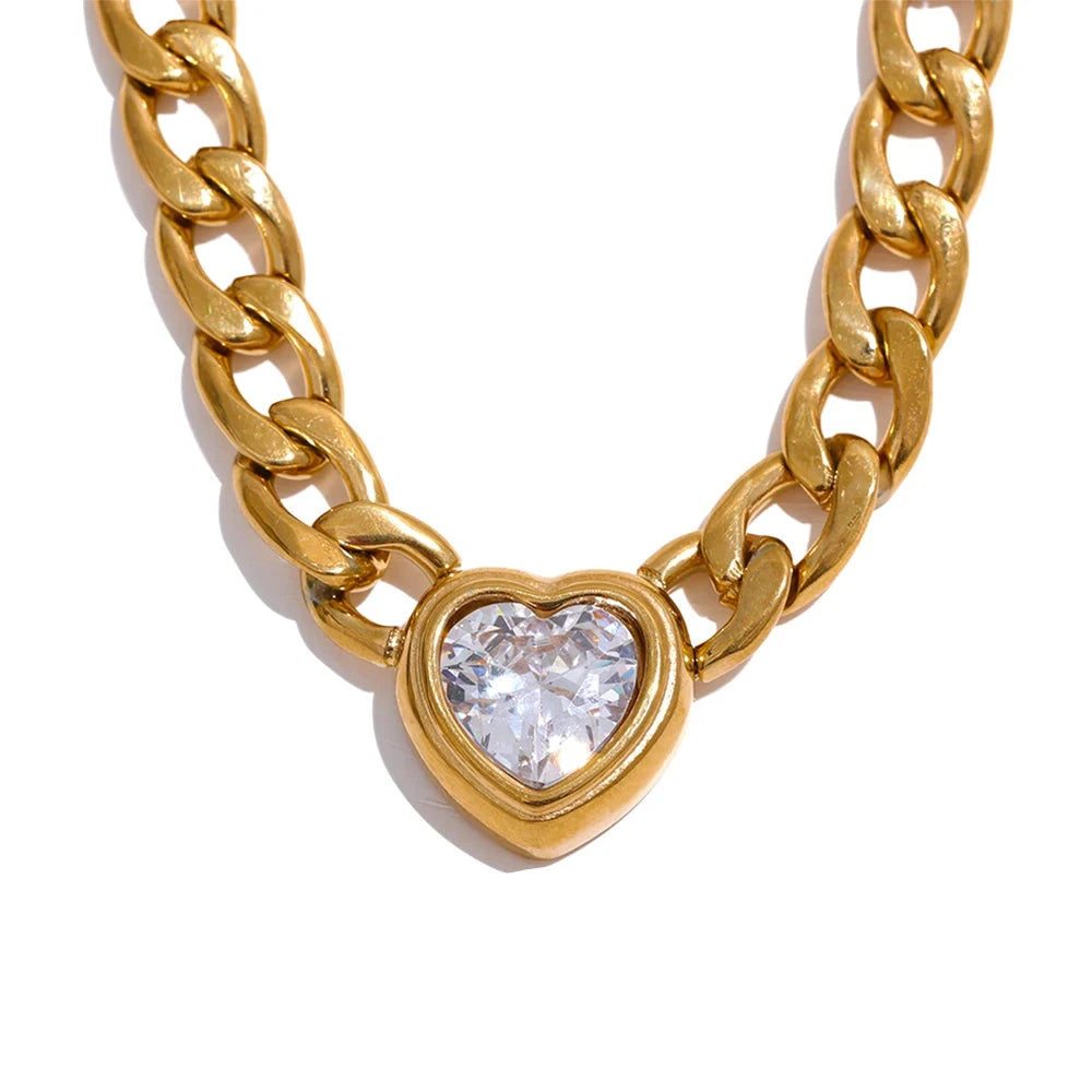 Stainless Steel Golden Chain Link Heart Bling Zirconia Pendant Necklace 18K Gold Plated