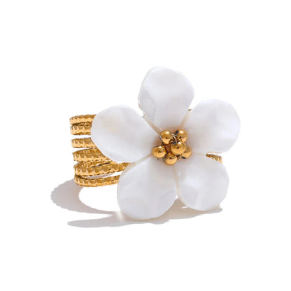 Thicker Natural Shell Flower Open 18K Gold Plated Ring Fashion Stainless Steel Stylish Exquisite